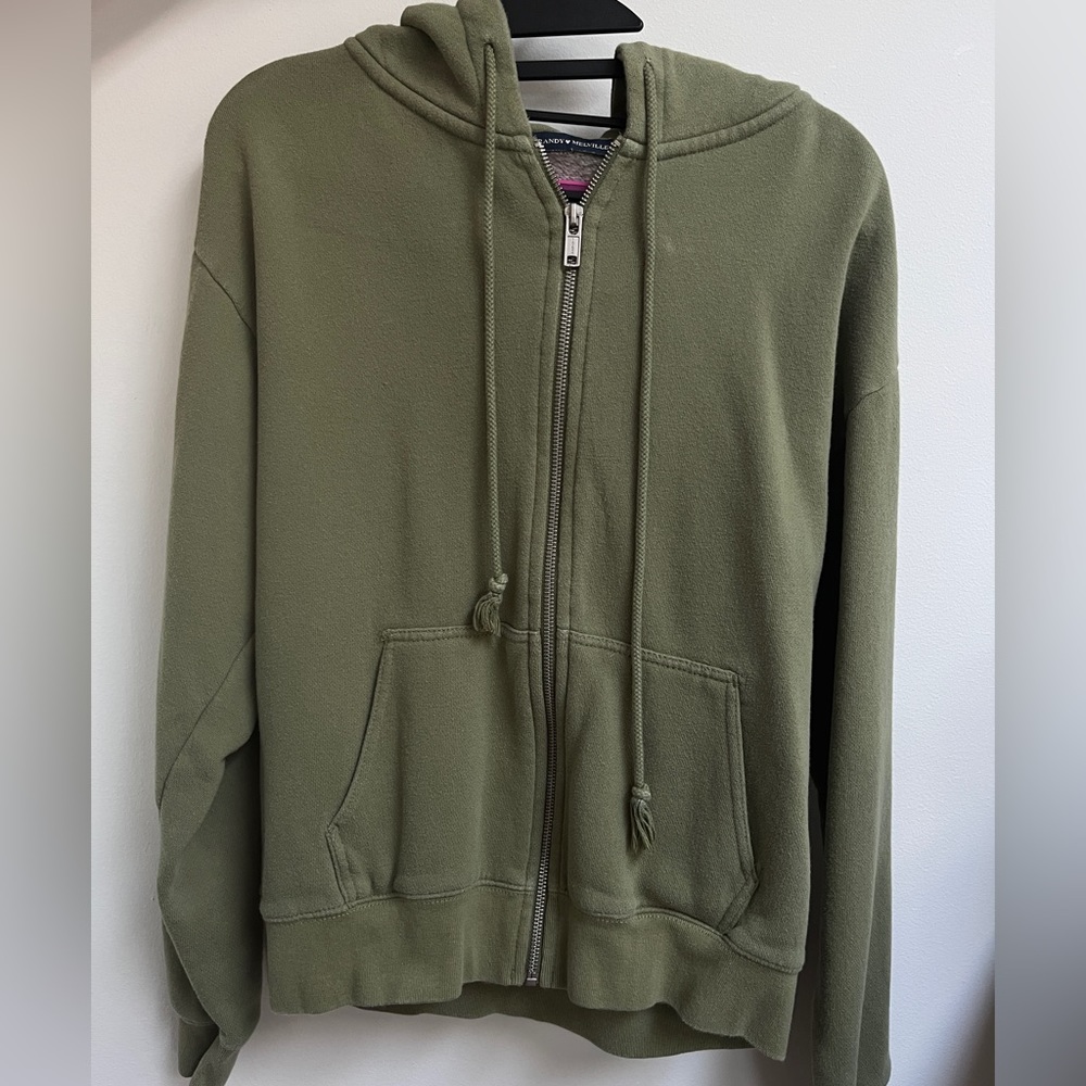 Brandy Melville Christy Zip Up Sweatshirt/Hoodie Olive Green Regular Fit